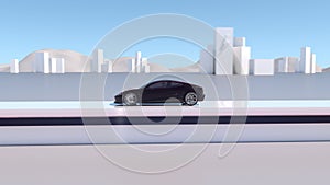 3D render of a Black electric concept car driving in a futuristic landscape