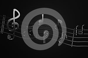 3D render Black music notes and wave music lines in darkness background.