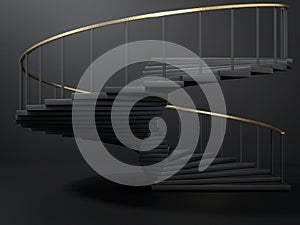 3d render of black spiral staircase with golden handrail in empty dark room. Concept of leadershi and business ambition.