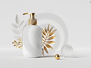3d render, blank cosmetic bottle mockup with tropical palm leaf. White dispenser container with golden cap isolated on white