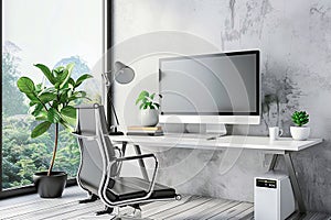 3D render blank monitor screen with modern workplace with comfortable modern desk