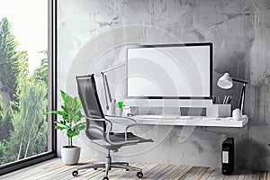 3D render blank monitor screen with modern workplace with comfortable modern desk