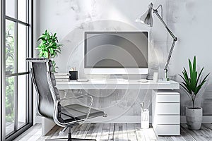 3D render blank monitor screen with modern workplace with comfortable modern desk