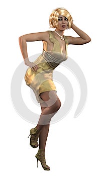 3D Render of Blond girl in gold dress