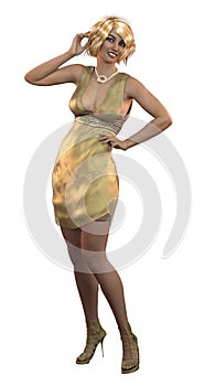 3D Render of Blond girl in gold dress