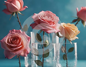 3D render of blooming roses from glass against blue