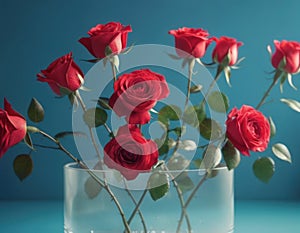 3D render of blooming roses from glass against blue