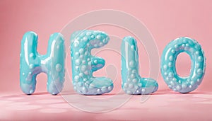 3D render blue bubble plastic baloon on pink background letters Helo sign design