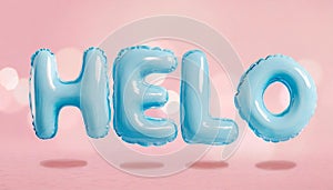 3D render blue bubble plastic baloon on pink background letters Helo sign design