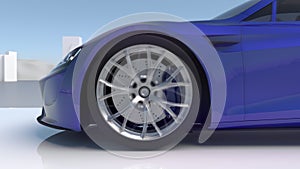 3D render of a Blue electric concept car driving in a futuristic landscape