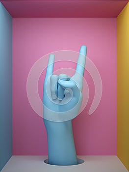 3d render, blue female hand rock gesture, mannequin body part isolated on pink background inside square box, shop display
