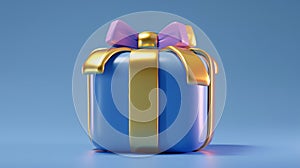 3D render of blue gift box with gold ribbon, isolated package with glossy bow. Holiday present, bonus, prize, birthday