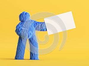 3d render, blue hairy cartoon character, funny furry toy holds white card mockup isolated on yellow background.