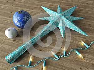 3d render of a blue star and baubles Christmas decoration with blue lights