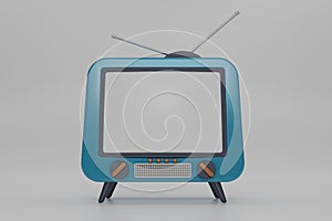 3D render blue Vintage Television Cartoon style isolate on white background. Minimal Retro TV. blue analog TV. Old TV set with