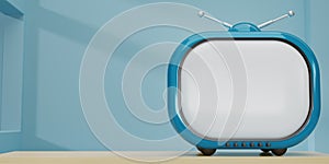 3D render blue Vintage Television Cartoon style on wood table in blue room. Minimal Retro TV. Cyan analog TV with copy space.