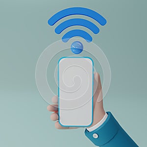 3D render Blue Wifi icon over smartphone in hand isolated on blue background. Wifi sign. Wi Fi Wireless Network Symbol. 3d