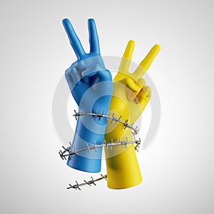 3d render, blue and yellow human hands wrapped with barbwire, isolated on white background. Victory gesture. Never give up. Fight