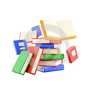 3D render book icon. Colorful hardcover books flying on white background. 3D render books icon on white