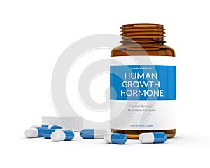 3d render of bottle with HGH pills over white