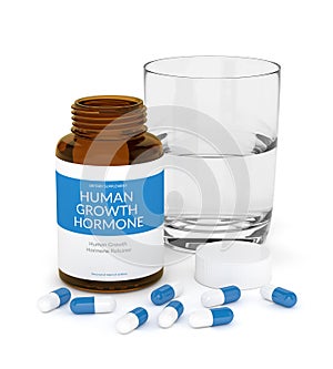 3d render of bottle with HGH pills over white