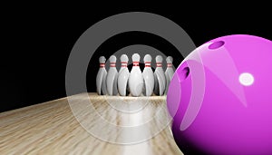 3d render of a bowling with skittles and a ball.