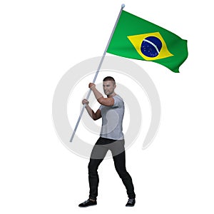 3D Render : a brazilian man is holding and waving the brazil Country flag to cerebrate an important event