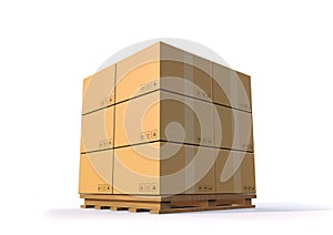 3D render Brown paper card box cargo stack on the wood pallet against white background