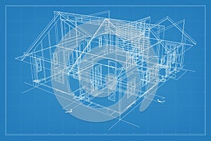 3D render of building wireframe structure. Perspective wireframe of house exterior. Abstract construction graphic idea. Vector