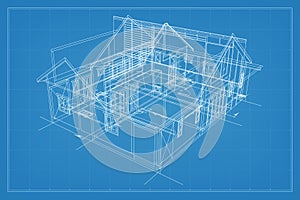 3D render of building wireframe structure. Perspective wireframe of house exterior. Abstract construction graphic idea. Vector