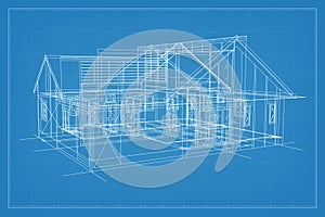 3D render of building wireframe structure. Perspective wireframe of house exterior. Abstract construction graphic idea. Vector