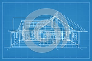 3D render of building wireframe structure. Perspective wireframe of house exterior. Abstract construction graphic idea. Vector