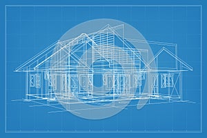 3D render of building wireframe structure. Perspective wireframe of house exterior. Abstract construction graphic idea. Vector