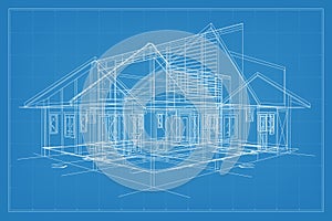 3D render of building wireframe structure. Perspective wireframe of house exterior. Abstract construction graphic idea. Vector