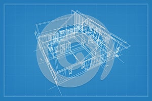 3D render of building wireframe structure. Perspective wireframe of house exterior. Abstract construction graphic idea. Vector