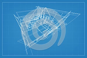 3D render of building wireframe structure. Perspective wireframe of house exterior. Abstract construction graphic idea. Vector