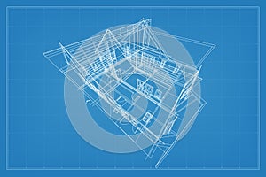 3D render of building wireframe structure. Perspective wireframe of house exterior. Abstract construction graphic idea. Vector