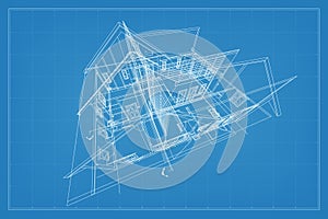 3D render of building wireframe structure. Perspective wireframe of house exterior. Abstract construction graphic idea. Vector