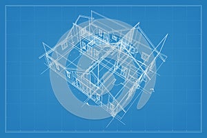 3D render of building wireframe structure. Perspective wireframe of house exterior. Abstract construction graphic idea. Vector
