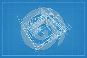 3D render of building wireframe structure. Perspective wireframe of house exterior. Abstract construction graphic idea. Vector