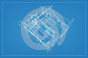 3D render of building wireframe structure. Perspective wireframe of house exterior. Abstract construction graphic idea. Vector