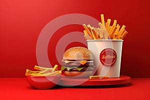 3d render burger and coffee cup, fries potatoes, ketchup isolated on red background illustration generative ai