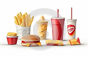 3d render burger and coffee cup, fries potatoes, ketchup isolated on rwhite background illustration generative ai