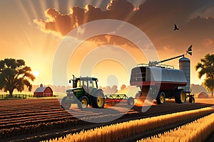 3D Render of a Bustling Farm at the Golden Hour: Tractors Tilling Fields, Farmers Harvesting Crops