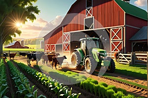 3D Render of a Bustling Farm Life Scene: Cows Grazing in Emerald Green Fields, Rustic Barn Dominating