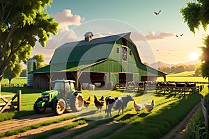 3D Render of a Bustling Farm Life Scene: Cows Grazing in Emerald Green Fields, Rustic Barn Dominating