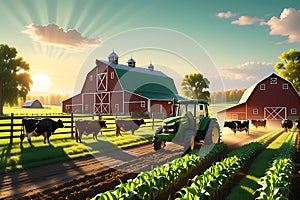 3D Render of a Bustling Farm Life Scene: Cows Grazing in Emerald Green Fields, Rustic Barn Dominating