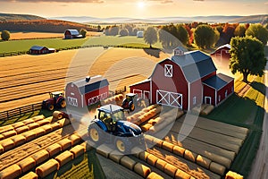 3D Render: Bustling Farm Life with Textured Hay Bales Dotting Golden Fields, Rustic Red Barn, and Farmland Scenery