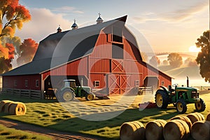 3D Render of a Bustling Farm Scene: Barn Centered in Mid-Ground, Livestock Grazing, Rustic Tractor Parked