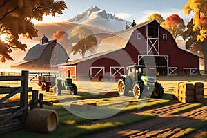 3D Render of a Bustling Farm Scene: Barn Centered in Mid-Ground, Livestock Grazing, Rustic Tractor Parked